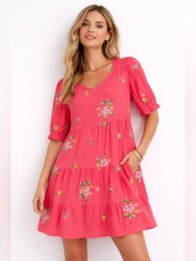 Anthropologie Kindred Pink Floral Embroidered Tiered Dress 2X Cottagecore Boho